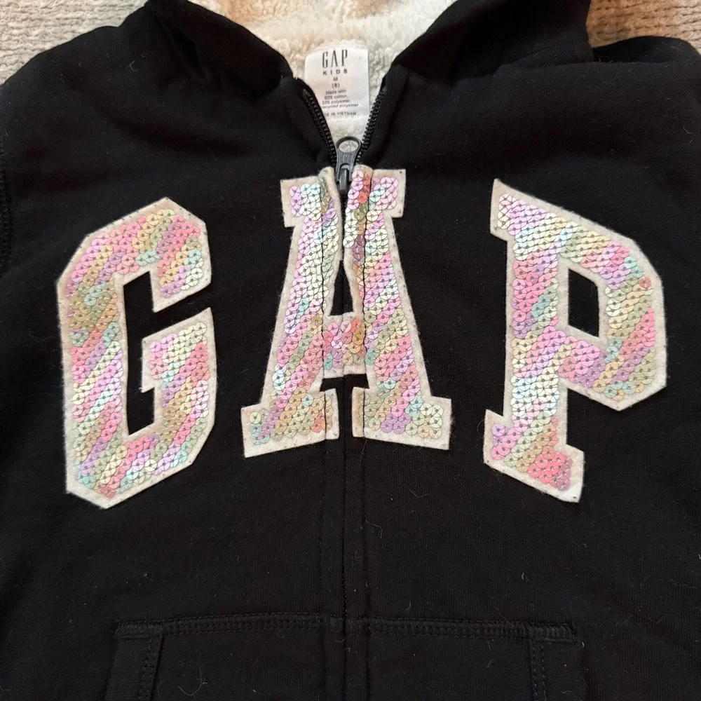 Gap Kids Sherpa-Lined Zip Hoodie Sweatshirt‎ Size M (8) Rainbow Pastel Sequins